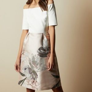 Ted Baker off shoulder dress w/floral skirt